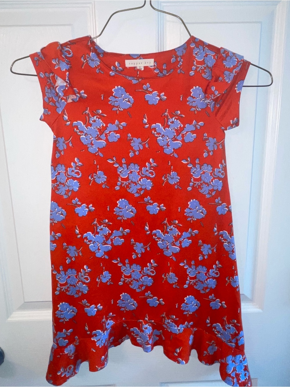 Copper Key Red Dress with Blue Floral Print